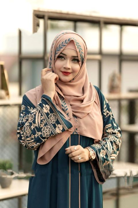 Premium Embroidered Dubai Cherri Borka with Hijab for Muslim Women - Elegant Design with Pearl Detailing