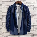 Mens Dress Shirts Striped Long Sleeve Plaid Checked Shirt Smart Casual Business Non-Ironing Korean Slim Fit Formal Blue White. 