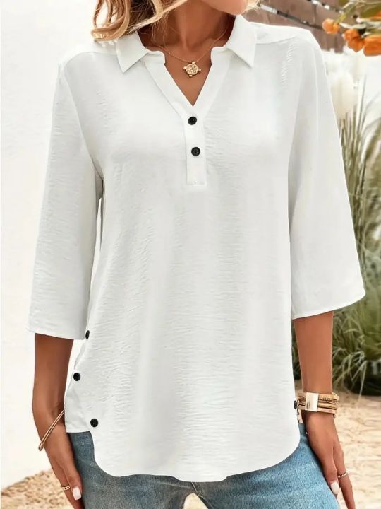 Women's Plus Size Casual Long Sleeve Button Loose Shirt Ladies Comfortable Solid V Neck Blouse