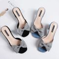 | Women's Floral Print Flat Slides, Elegant Bow Design Square Open Toe Shoes, Casual Summer Slide Sandals woman fashion shoes back and Blue new fashion shoes design. 