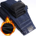 2025 Winter New Fleece-lined Thickened Men's Jeans Stretch Slim Straight All-Matching Warm Velvet Thicken Thermal Denim Pants. 
