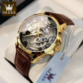 OLEVS 6661 Full Transparant Skelton Flywheel Automatic Mechanical Men's Watch Leather Strap Luxury Brand Original Man Wristwatch. 