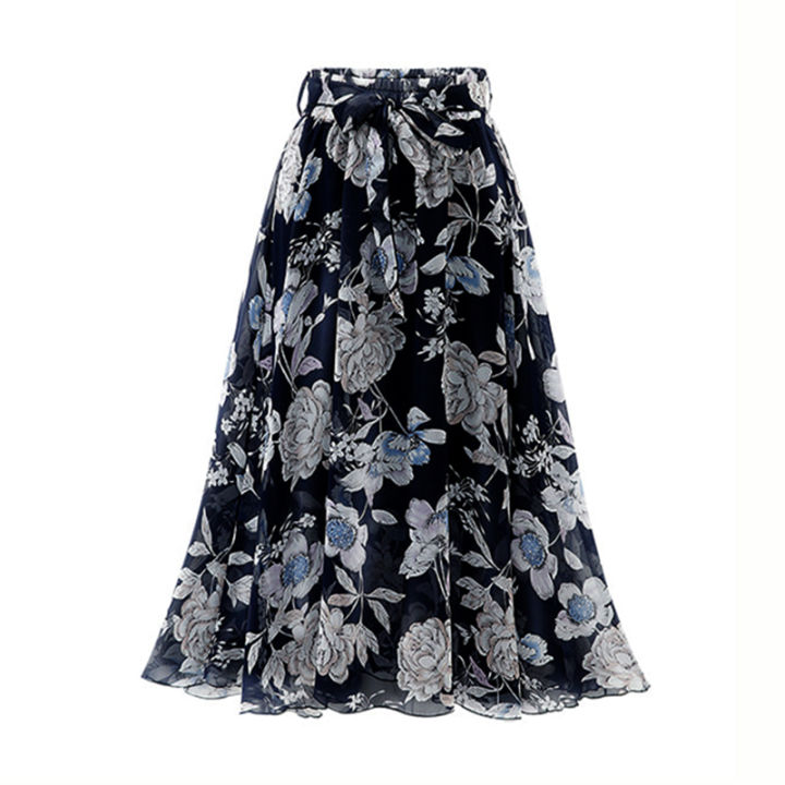 2024%20Summer%20Print%20Floral%20Skirts%20For%20Women%20Casual%20Loose%20Elastic%20Waist%20Plus%20Size%20Skirt%20Belt%20A-line%20Chiffon%20Beach%20Saias%20Midi%20Femme%20-%20Image%202