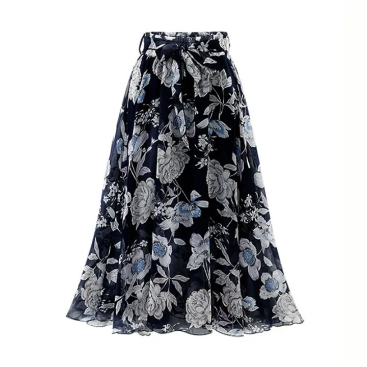 2024%20Summer%20Print%20Floral%20Skirts%20For%20Women%20Casual%20Loose%20Elastic%20Waist%20Plus%20Size%20Skirt%20Belt%20A-line%20Chiffon%20Beach%20Saias%20Midi%20Femme%20-%20Image%202