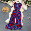 Summer Elegant Women Abstract Print Jumpsuit Chic Streetwear Wide Leg Romper Mujer V Neck Bodycon Sleeveless High Jumps. 