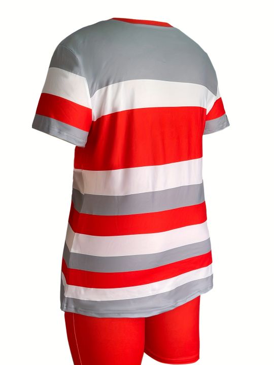 Trendy%20Plus%20Size%20Women's%20Two%20Piece%20Set%20Striped%20Short%20Sleeve%20Top%20and%20High%20Waist%20Shorts%20Casual%20Outfit%20-%20Image%202