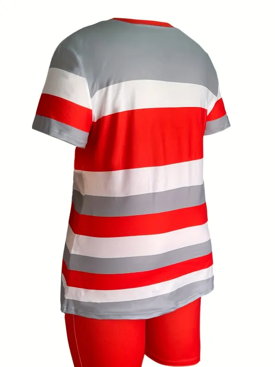 Trendy%20Plus%20Size%20Women's%20Two%20Piece%20Set%20Striped%20Short%20Sleeve%20Top%20and%20High%20Waist%20Shorts%20Casual%20Outfit%20-%20Image%202