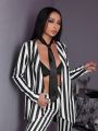 Black and white striped women's suit Jacket Niche 2024 Spring new holiday party high-end suit jacket Women's casual loose coat. 