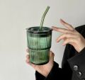 Random Color 400ml Square Glass Mug With Handle, Straw & Lid, Drinking Glass, Adorable Glass Cups with Lids and Straw, Glass Tumbler Coffee Cup Coffee Mug. 