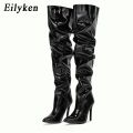 Eilyken Red Women Over The Knee Boots High Heels Patent Leather Solid Pointed Toe Stiletto Side Zipper Sapatos Femininos.