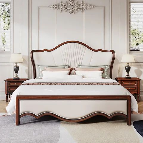 American Country Retro Bed Solid wood  Soft Modern Simple European Master Bedroom King Size Bed Frame