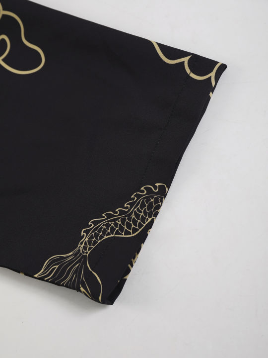 Men's%20Chinese%20Style%20"Dragon%20Dance"%20Print%20Robe%20Set%20Black%20Open%20Front%20Belted%20Kimono%20&%20Shorts%202%20Piece%20Streetwear%20-%20Image%204