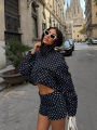 HH Women Fashion Polka Dot Coat Shorts Set Turtleneck Long Sleeve Zipper Jackets Slim Shorts Elegant Woman High Street Outfits.
