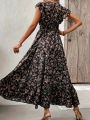 Plus Size 1XL-5XL Women's Fashion Summer Floral Print V-Neck Ruffle Hem Dress Ladies Short Sleeve Elegant Flare Dress Long Dress. 