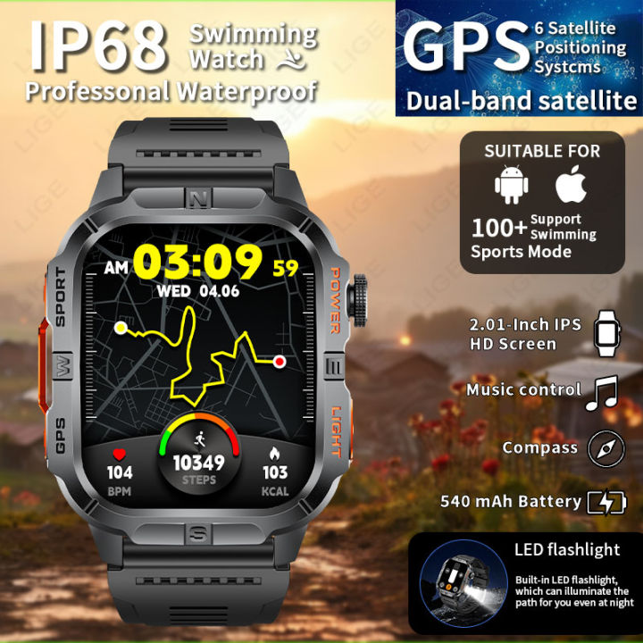 2026 New Outdoor Smart Watch Men's 540mAh LED Flashlight Bluetooth Call 2.01" Screen Waterproof Sports Smartwatch