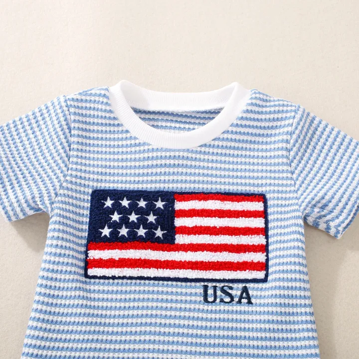 Summer%20Unisex%20Infant%20Independence%20Day%20Big%20Flag%20Embroidered%20Waffle%20Short%20Sleeve%20Top%20and%20Waffle%20Shorts%20Two-piece%20Set%20-%20Image%203