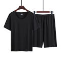 New Ice Silk Short-Sleeved Pyjamas for Men Summer Homewear Set Modal Seamless Crew Neck Lightweight Short-Sleeved T-Shirt Set. 