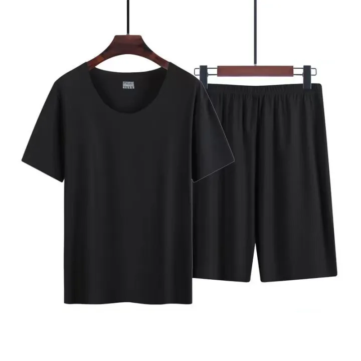 New%20Ice%20Silk%20Short-Sleeved%20Pyjamas%20for%20Men%20Summer%20Homewear%20Set%20Modal%20Seamless%20Crew%20Neck%20Lightweight%20Short-Sleeved%20T-Shirt%20Set%20-%20Image%203