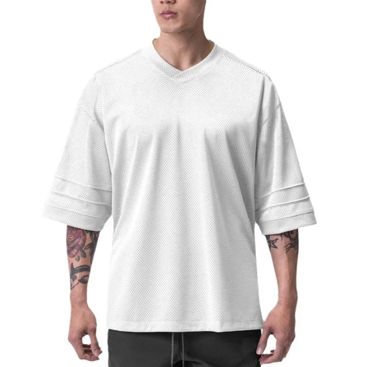 Running T-shirt Men Oversized Dropped Shoulder V-neck Half Sleeve Fitness T Shirt Summer Mesh Loose Gym Clothing Sports Jerseys