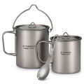 Tomshoo 3 PCS Titanium Cookware Set Ultralight 750ml Pot 450ml Water Cup Mug w Lid Folding Spork for Outdoor Camping Backpacking. 