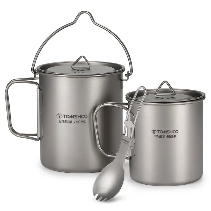 Tomshoo%203%20PCS%20Titanium%20Cookware%20Set%20Ultralight%20750ml%20Pot%20450ml%20Water%20Cup%20Mug%20w%20Lid%20Folding%20Spork%20for%20Outdoor%20Camping%20Backpacking%20-%20Image%203