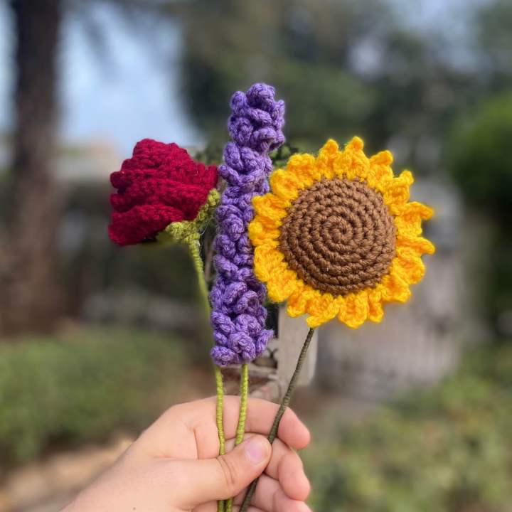 Crochet Handmade Artificial Flowers: Rose, Sunflower, Tulip, Lavender. Customised In Any Colour. For Home Decor, 1 Piece. Valentines Day DIY Bouquet