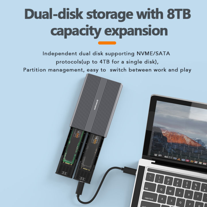 Blueendless%20Dual%20Bay%20M2%20SSD%20Case%20Type%20C%20USB3.2%20Gen2%2010Gbps%20M.2%20SATA%20NGFF%20Dual%20Protocol%20Aluminum%20Alloy%20PCIe%20NVMe%20SSD%20Enclosure%20-%20Image%205