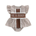 Summer Easter Infant Baby Girl Bodysuit Fly Sleeve Letter Embroidery Lace Playsuit Casual Clothes. 
