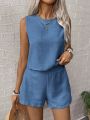 2025 Women's Solid Color Simple Fashion Casual Sleeveless Top and Shorts Set.