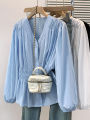 2026 V-neck Long Sleeved Plus Size Shirt Loose Pleated Ruffle Oversized Tops Ladies Chic Elegant Solid Versatile Blouse. 