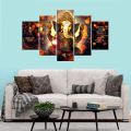 5 Piece Panel Ganesh Light Wall Hang God Canvas Art with Frame. 