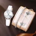 3Pcs Ladies Fashion Trend Simple Digital Star Pointer White Leather Quartz Watch Butterfly Rhinodiamond Cat's Eye Bracelet Set. 