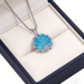 Wave Frame Opal Pendant Necklace,Round Blue Green Opal with Red Fire,White K Plated Floral Jewelry,Dainty Charms Gift for Women. 