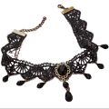 Gothic Black Lace Choker Necklace for Women – Vintage Style with Black Beads – Adjustable Party & Cosplay Jewelry.