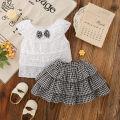 2pc/Set Girls' Suit Summer Bow And Plaid Lace Trim Short Sleeve Casual Toddler Girl Clothes Cute Simple Children Clothes. 