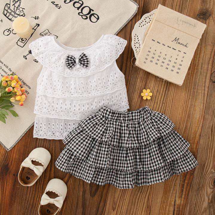 2pc/Set%20Girls'%20Suit%20Summer%20Bow%20And%20Plaid%20Lace%20Trim%20Short%20Sleeve%20Casual%20Toddler%20Girl%20Clothes%20Cute%20Simple%20Children%20Clothes%20-%20Image%204