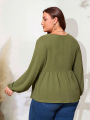 plus Size Green V-neck Women's Top Casual Commuter Wind Elegant Mature Style for Autumn 2026 New Collection.