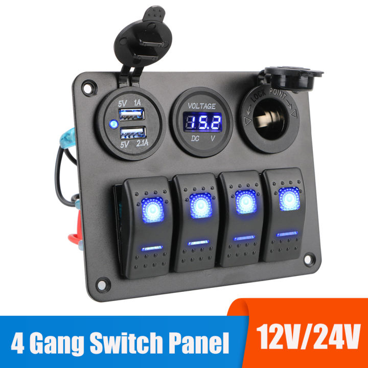 4 Buttons Rocker Switch Panel Voltmeter USB Chargers 3.0 Light Toggle