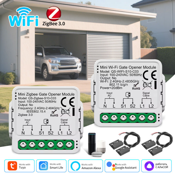 Tuya WiFi Zigbee Smart Garage Door Switch AC 100-240V Mini Gate Opener Module APP Connection and Timing Alexa Voice Control