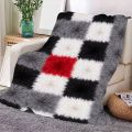 Whimsical Fluffy Fur-Like Pattern Throw Blanket - Soft Plush Grid Design with Checkerboard Black, White, Gray, and Vibrant Red S.