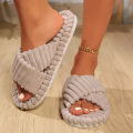 Solid Striped Women's Cotton Fabric Slippers Indoor Cross Strap Open Toe Flat Flip Flops Autumn Lightweight Comfort Slides. 