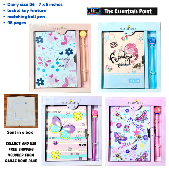 Kids Diary with Butterfly Pen and Lock Set B6-7x5 inch 48 Pages - Girls Planner with Creative Sketching Features