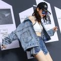 Women's denim jacket Korean version of the jacket Korean version of the long-sleeved sunscreen vintage collar striped shirt. 