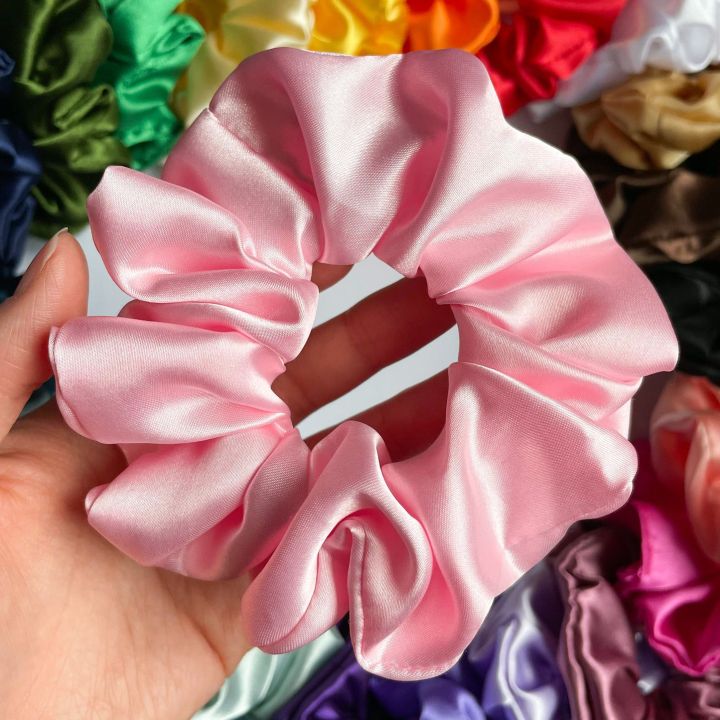 High quality silk satin scrunchies korean raw silk hair ties for damged hair elegant fluffy scrunchies for women and girls Red green navy sky blue black white golden silver peach seagreen lemon
