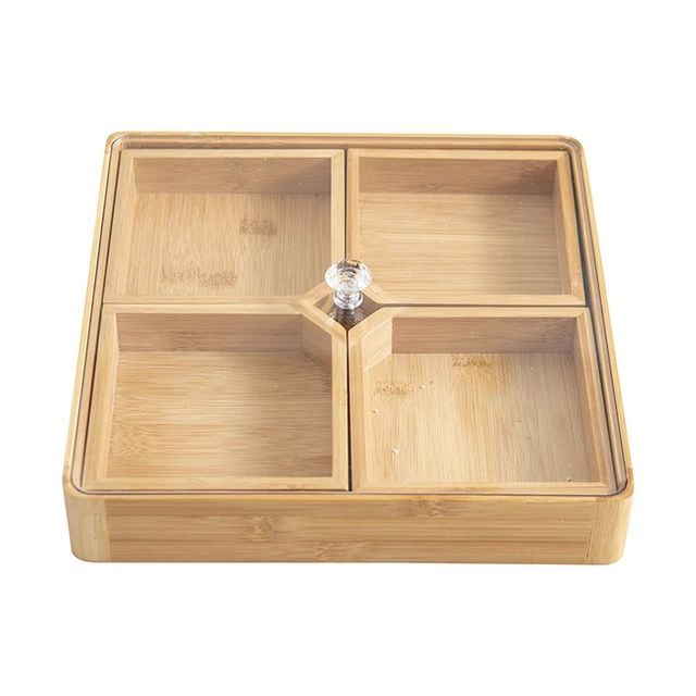 Bamboo Divided Serving Tray with Clear Acrylic Lid Dried Fruit Storage Box 4 Grid Nuts Platter Snack Candy Plate Container