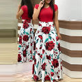 Printed Splicing Crew Neck Dress Elegant Short Sleeve Slim Waist Pleated Maxi Dress Women's Clothing. 
