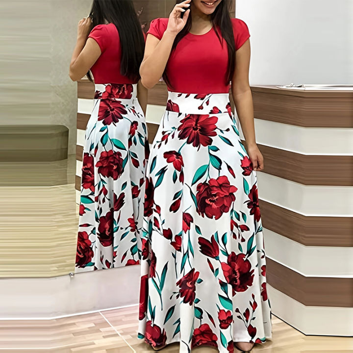 Printed%20Splicing%20Crew%20Neck%20Dress%20Elegant%20Short%20Sleeve%20Slim%20Waist%20Pleated%20Maxi%20Dress%20Women's%20Clothing%20-%20Image%203