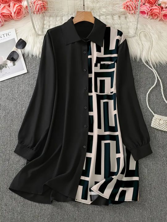 Plus Size 1XL-5XL Women's Elegant Button-Up Shirt with Geometric Print and Black Accents Ladis Long Sleeves Office Wear Shirt