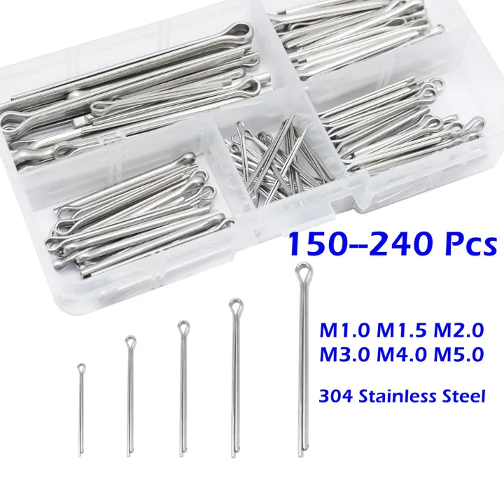 150/240 Pcs Stainless Steel Cotter Pin Kit Split Pin Assortment Whistle U Pin Fixings Assorted Sizes M1 M1.5 M2 M2.5 M3 M4 M5