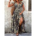 Plus Size Women's Bohemian Floral Print V-Neck Short Sleeve Dress Oversized Ruffled Skirt For Women Casual A-line Long Dresses.